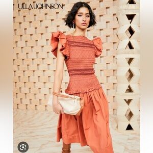 - ULLA JOHNSON Madeline Smocked Midi Dress - Brick NWT retails for 595